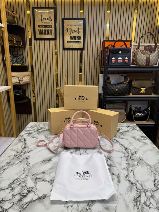 Coac_h Mini Boston Top Handle Crossbody Bag with Charm Chain With Box And Dust Bag (Pink-8080)