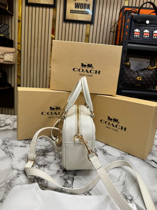 Coac_h Mini Boston Top Handle Crossbody Bag with Charm Chain With Box And Dust Bag (White-8080)