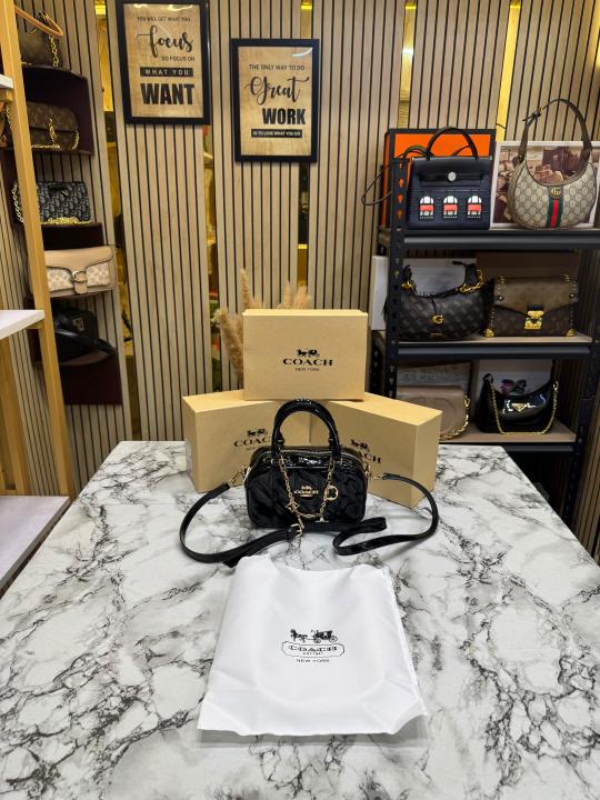 Coac_h Mini Boston Top Handle Crossbody Bag with Charm Chain With Box And Dust Bag (Black-8080)