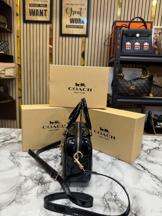 Coac_h Mini Boston Top Handle Crossbody Bag with Charm Chain With Box And Dust Bag (Black-8080)