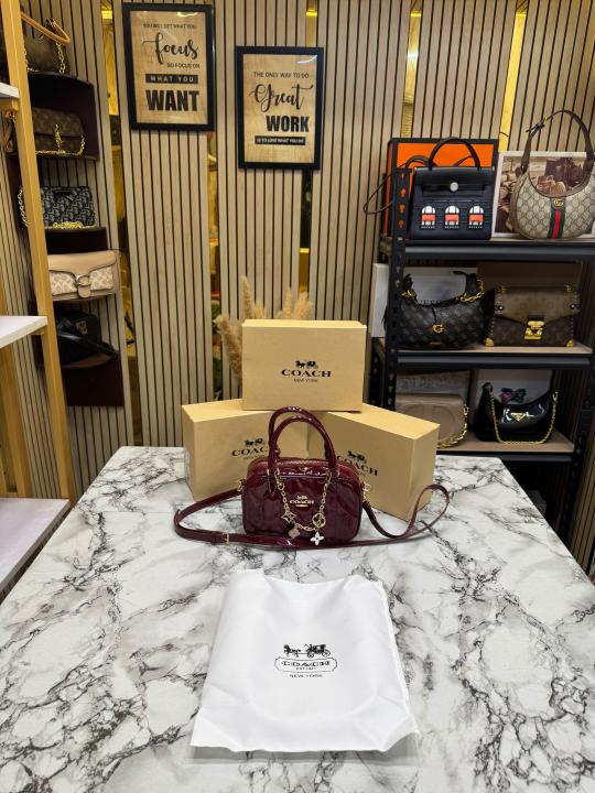 Coac_h Mini Boston Top Handle Crossbody Bag with Charm Chain With Box And Dust Bag (WINE-8080)