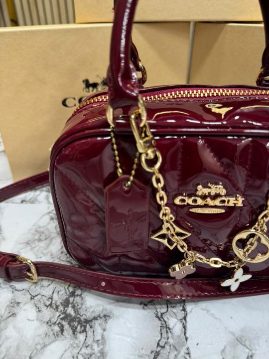 Coac_h Mini Boston Top Handle Crossbody Bag with Charm Chain With Box And Dust Bag (WINE-8080)