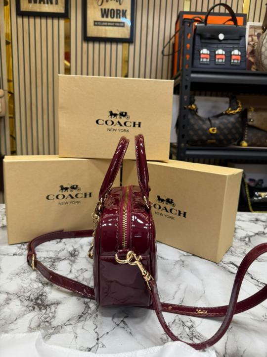 Coac_h Mini Boston Top Handle Crossbody Bag with Charm Chain With Box And Dust Bag (WINE-8080)