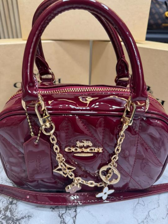 Coac_h Mini Boston Top Handle Crossbody Bag with Charm Chain With Box And Dust Bag (WINE-8080)