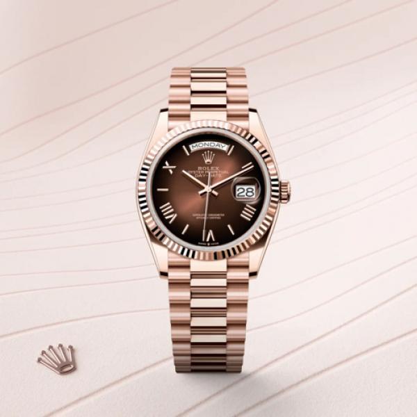 ROLE X OYSTER PERPETUAL DAY DATE ZR ROSE BROWN SHADED  DIAL HVY 46