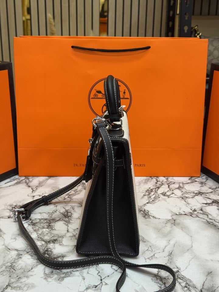 HERME_S KELLY SELLIER TOP HANDLE BAG WITH OG BOX AND DUST BAG AND CARRY BAG (1038) BLACK