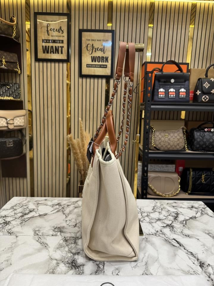 CHANE_L PARIS DUE TOTE BAG DIOMOND LOGO WITH DUST BAG PREMIUM QUALITY (BIEGE)