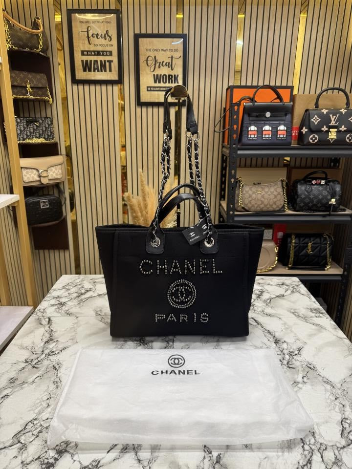 CHANE_L PARIS DUE TOTE BAG DIOMOND LOGO WITH DUST BAG PREMIUM QUALITY (BLACK)