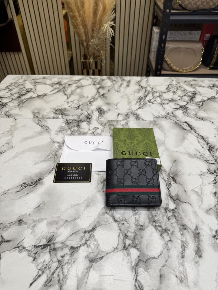 Gucc_i Signature GG Web Stripe Leather Bifold Wallet With Og Box And Dust bag Black (C4126)