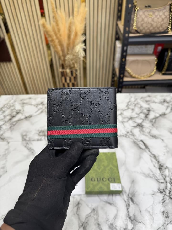 Gucc_i Signature GG Web Stripe Leather Bifold Wallet With Og Box And Dust bag Black (C4126)