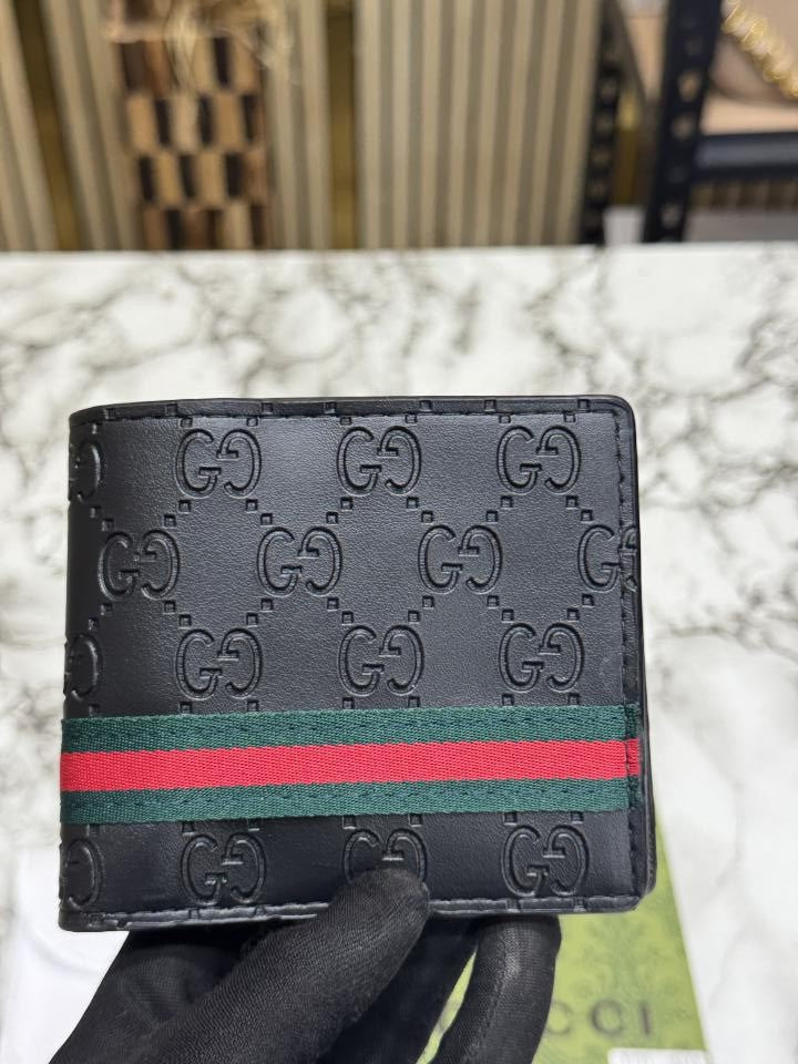 Gucc_i Signature GG Web Stripe Leather Bifold Wallet With Og Box And Dust bag Black (C4126)