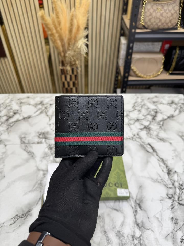 Gucc_i Signature GG Web Stripe Leather Bifold Wallet With Og Box And Dust bag Black (C4126)