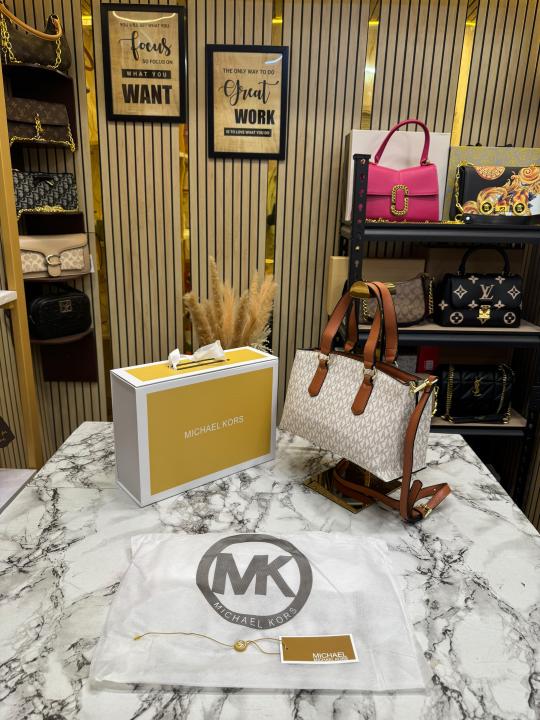 Michael_Kors Emma Satchel Bag With Magnetic Box And Dust Bag (Beige)