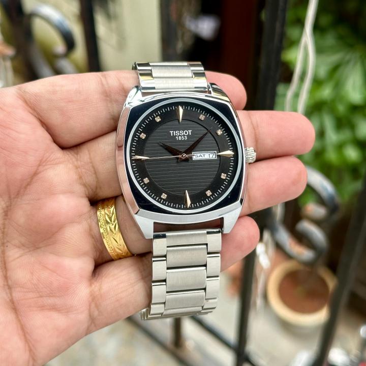 TISSO_T DAY- DATE SILVER BLACK  MENS WATCH