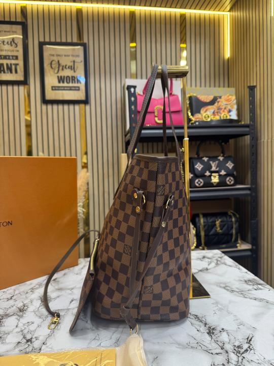 Loui_s Vuitton Neverfull Premium Quality Tote Bag With Box And Dust Bag (Brown Checks)