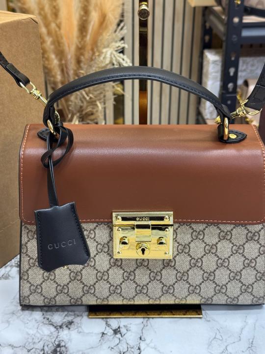 Gucc_i Padlock Monogram Top Handle Shoulder Bag With Double Box And Dust Bag (Brown)