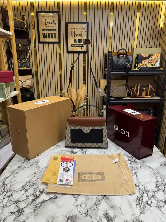 Gucc_i Padlock Monogram Top Handle Shoulder Bag With Double Box And Dust Bag (Brown)