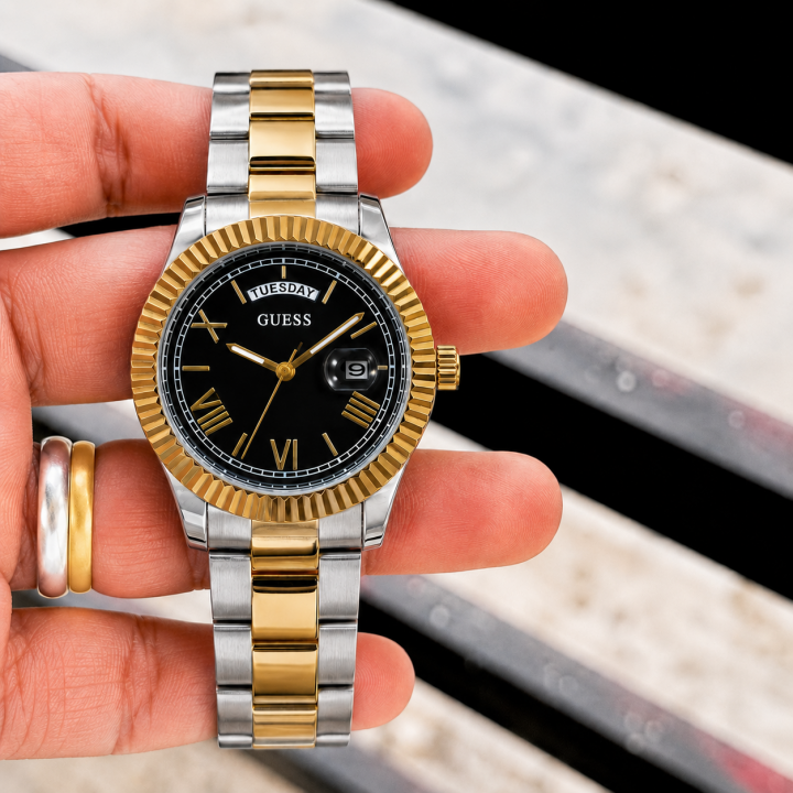 Gues s Day Date Mens Watch Dual Tone Gold