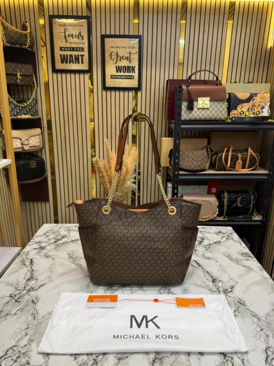 Michael_Kors Jet Set Tote Bag Large Logo Tote Bag With Dust Bag (Brown) (100825)