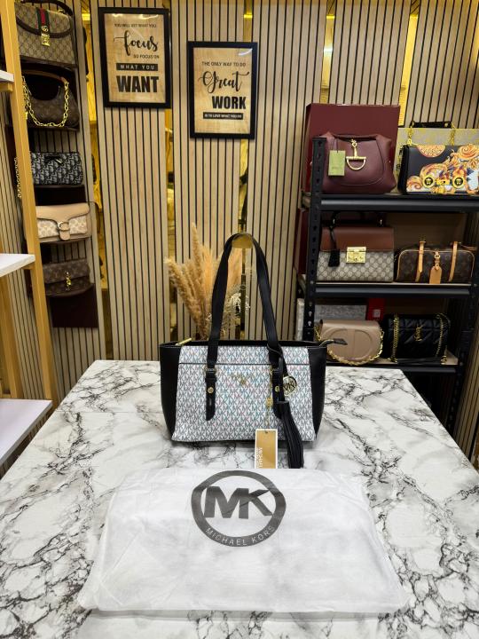 Michael Kor_s Signature MK Tote Handbag With Tassel Charm And Dust Bag (Black-White)