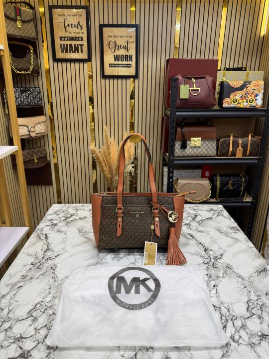 Michael Kor_s Signature MK Tote Handbag With Tassel Charm And Dust Bag (Brown)