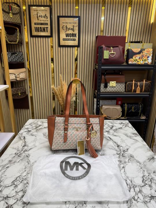 Michael Kor_s Signature MK Tote Handbag With Tassel Charm And Dust Bag (Beige)