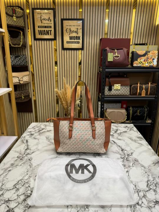 Michael Kor_s Signature MK Tote Handbag With Tassel Charm And Dust Bag (Beige)