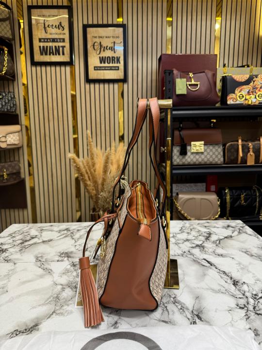 Michael Kor_s Signature MK Tote Handbag With Tassel Charm And Dust Bag (Beige)