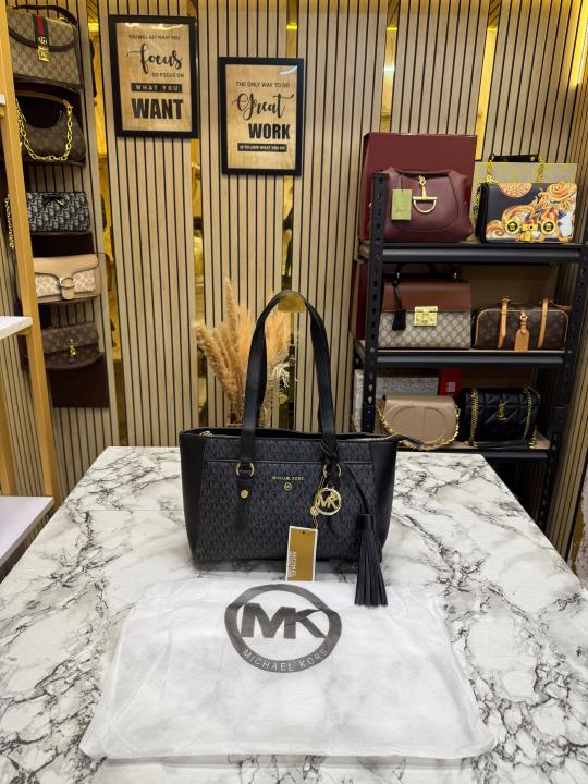 Michael Kor_s Signature MK Tote Handbag With Tassel Charm And Dust Bag (Black)