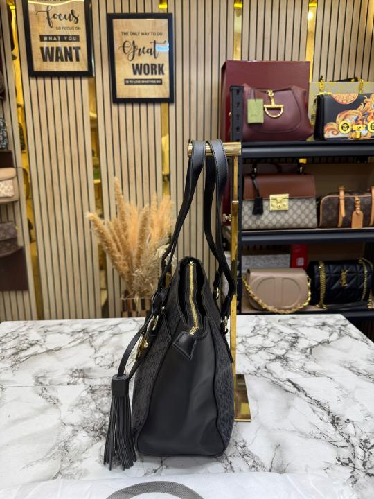 Michael Kor_s Signature MK Tote Handbag With Tassel Charm And Dust Bag (Black)