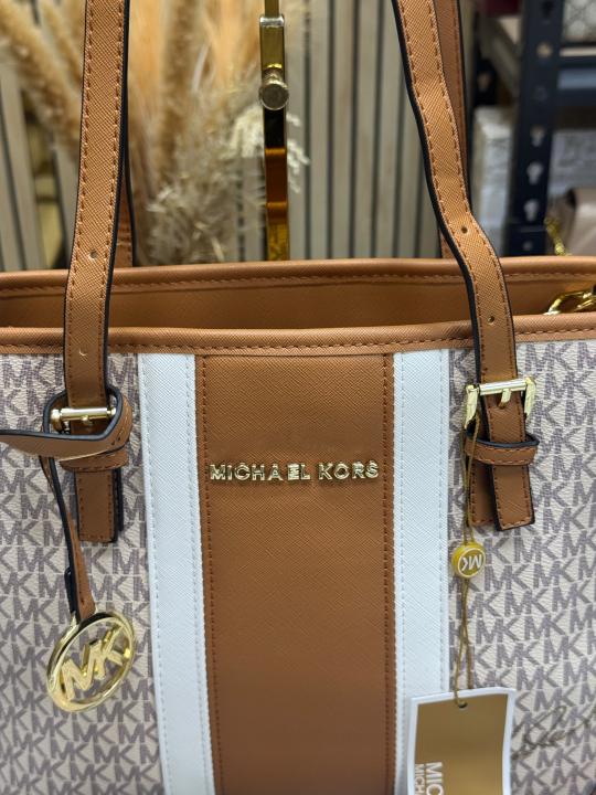 Michael Kor_s Jet Set Travel Signature Logo Tote Bag (Beige)