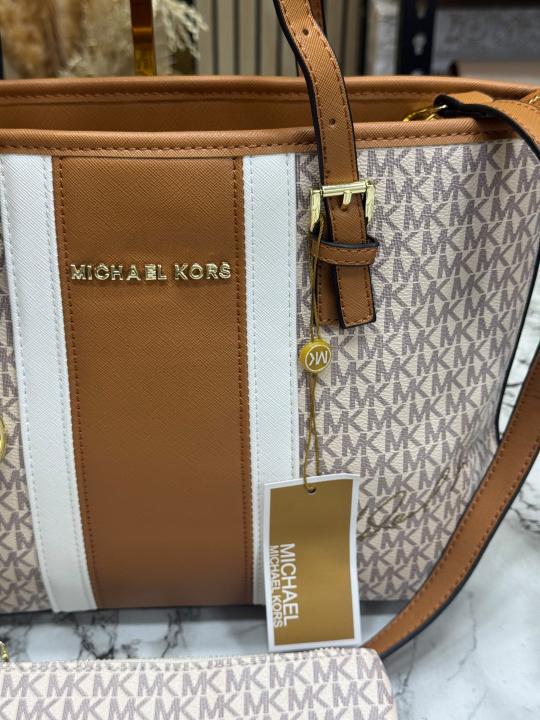 Michael Kor_s Jet Set Travel Signature Logo Tote Bag (Beige)