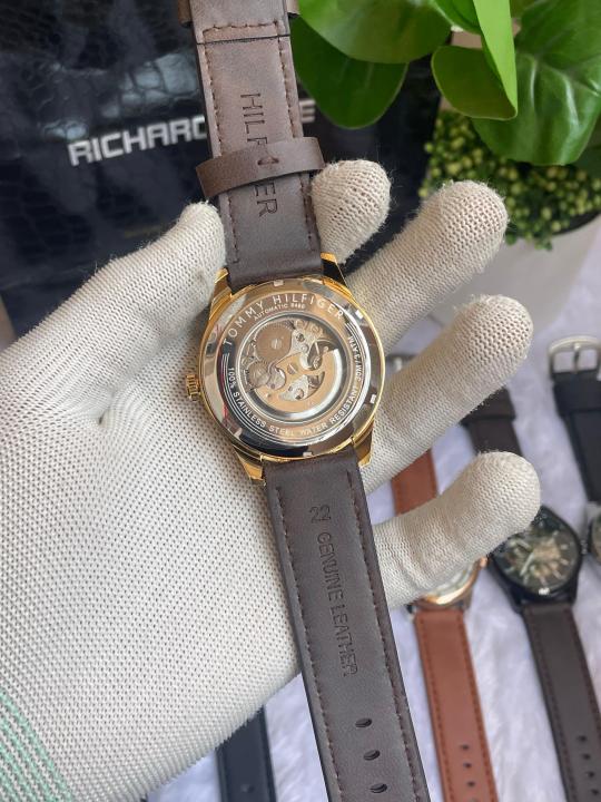 Tommyy  Hilfiger Automatic Leather Belt Brown Gold Black AT143
