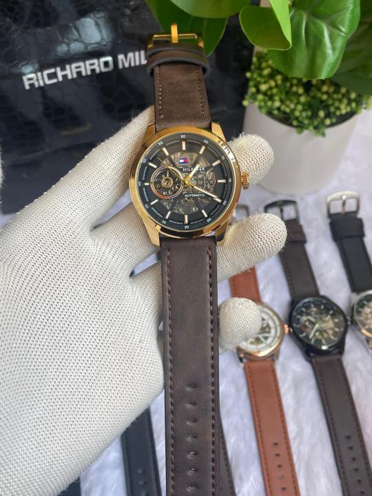 Tommyy  Hilfiger Automatic Leather Belt Brown Gold Black AT143