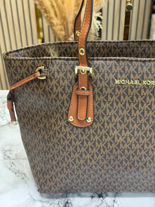 Michael Kor_s Voyager Signature Monogram Tote Bag With MK Charm And Dust Bag (2616) (Brown)
