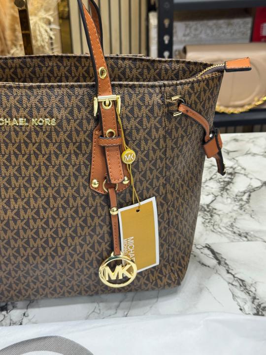 Michael Kor_s Voyager Signature Monogram Tote Bag With MK Charm And Dust Bag (2616) (Brown)