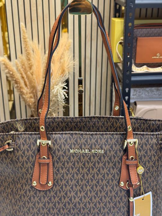 Michael Kor_s Voyager Signature Monogram Tote Bag With MK Charm And Dust Bag (2616) (Brown)