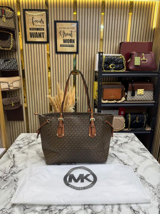 Michael Kor_s Voyager Signature Monogram Tote Bag With MK Charm And Dust Bag (2616) (Brown)