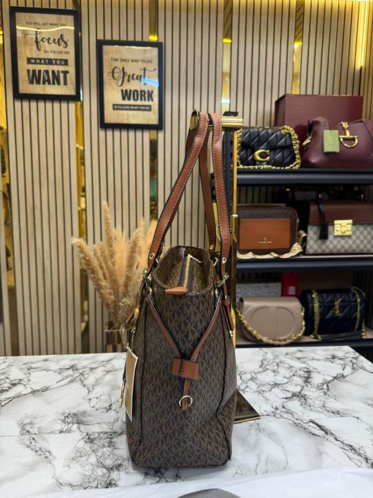 Michael Kor_s Voyager Signature Monogram Tote Bag With MK Charm And Dust Bag (2616) (Brown)