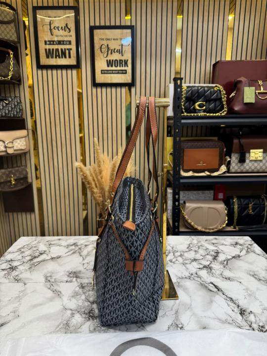 Michael Kor_s Voyager Signature Monogram Tote Bag With MK Charm And Dust Bag (2616) (Black-Brown)