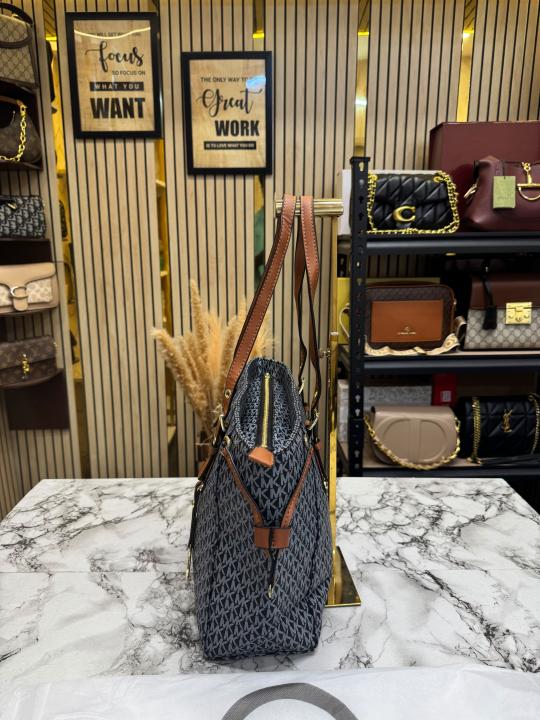 Michael Kor_s Voyager Signature Monogram Tote Bag With MK Charm And Dust Bag (2616) (Black-Brown)
