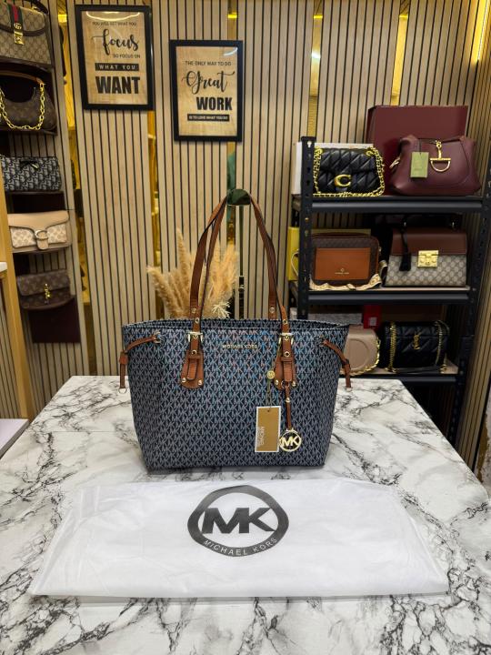 Michael Kor_s Voyager Signature Monogram Tote Bag With MK Charm And Dust Bag (2616) (Black-Brown)