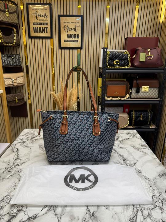 Michael Kor_s Voyager Signature Monogram Tote Bag With MK Charm And Dust Bag (2616) (Black-Brown)