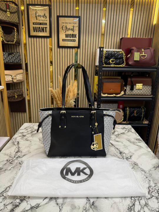 Michael Kor_s Voyager Signature Monogram Tote Bag With MK Charm And Dust Bag (2616) (Black)