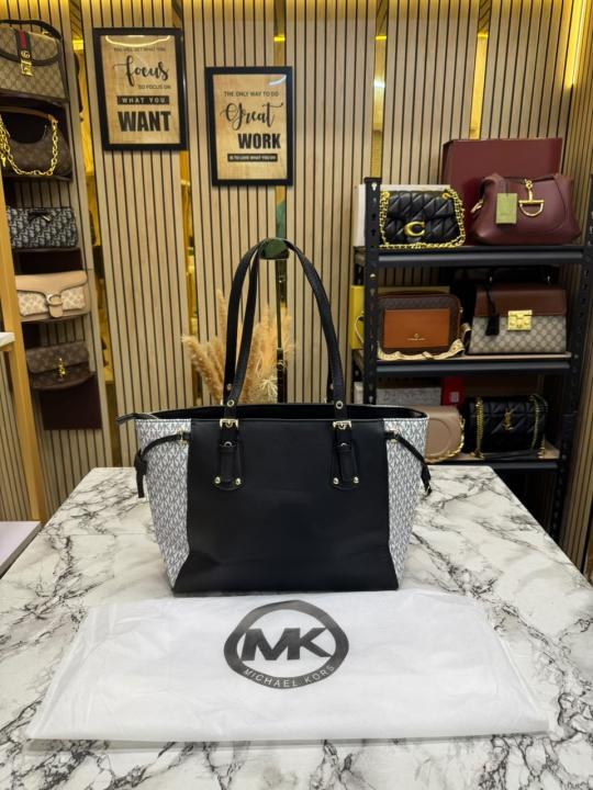Michael Kor_s Voyager Signature Monogram Tote Bag With MK Charm And Dust Bag (2616) (Black)