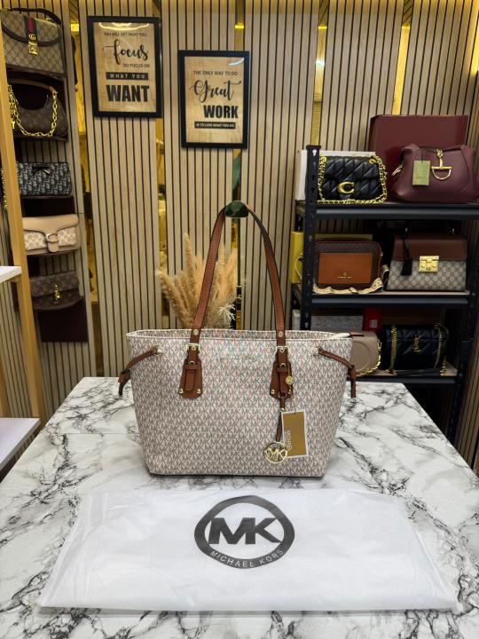 Michael Kor_s Voyager Signature Monogram Tote Bag With MK Charm And Dust Bag (2616) (Beige)