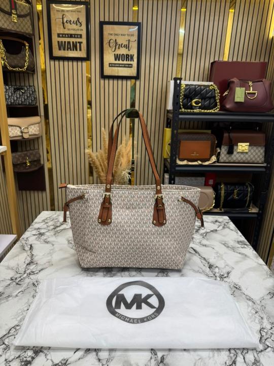 Michael Kor_s Voyager Signature Monogram Tote Bag With MK Charm And Dust Bag (2616) (Beige)