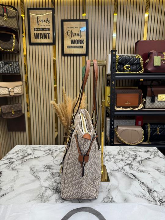 Michael Kor_s Voyager Signature Monogram Tote Bag With MK Charm And Dust Bag (2616) (Beige)