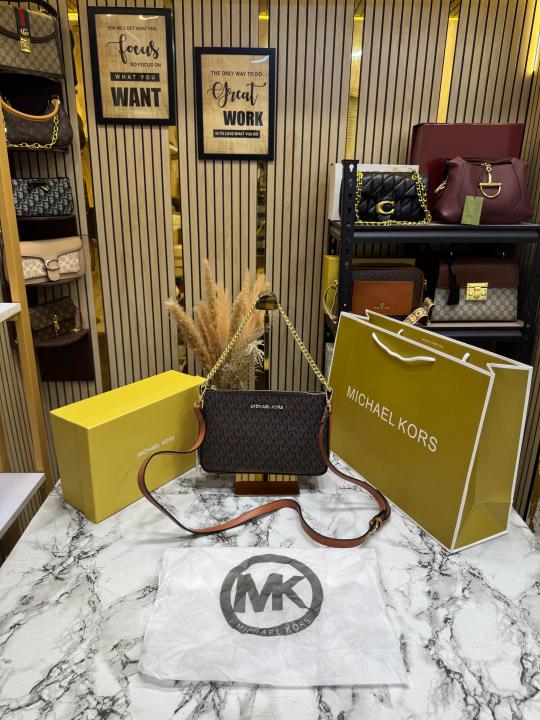 Michael Kor_s Pvc Jet Set Signature Monogram Crossbody Bag With Chain Strap Shoulder Strap With Box Carry Bag & Dust Bag (Brown)