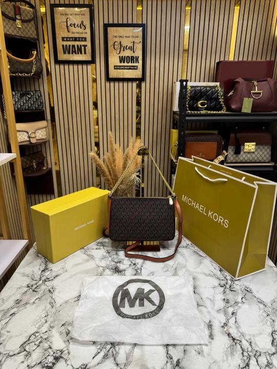 Michael Kor_s Pvc Jet Set Signature Monogram Crossbody Bag With Chain Strap Shoulder Strap With Box Carry Bag & Dust Bag (Brown)